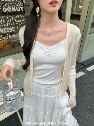 bow embroidery waist Cardigan