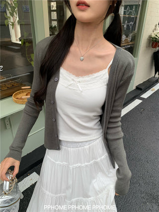 bow embroidery waist Cardigan