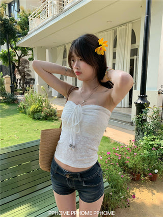 beaded halter drawstring top