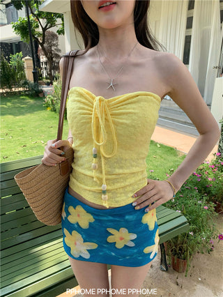 beaded halter drawstring top