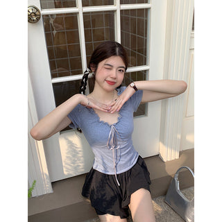 pleated lace-up tee top