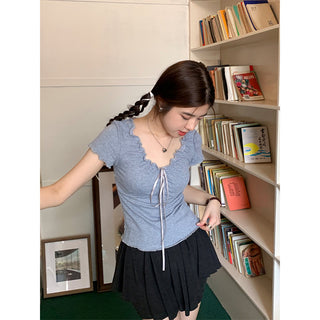 pleated lace-up tee top