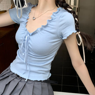 pleated lace-up tee top