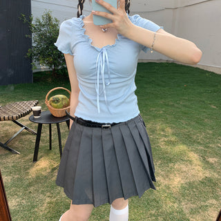 pleated lace-up tee top