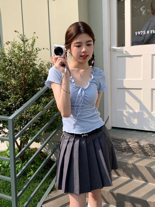 pleated lace-up tee top