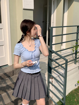 pleated lace-up tee top