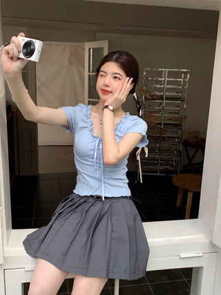 pleated lace-up tee top