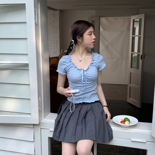 pleated lace-up tee top