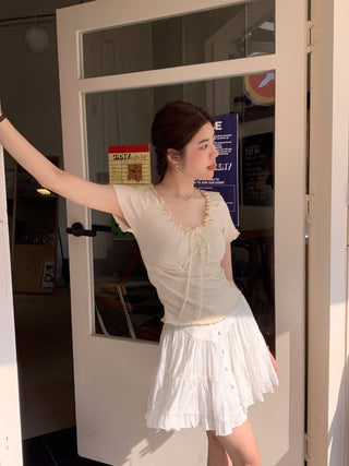 pleated lace-up tee top