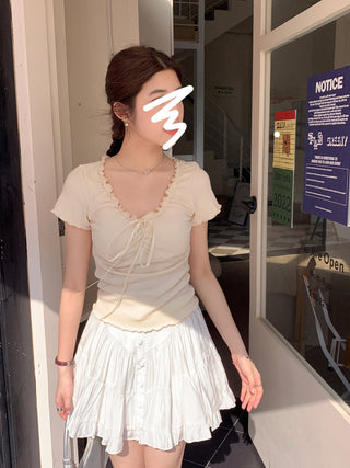 pleated lace-up tee top