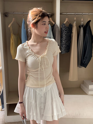 pleated lace-up tee top