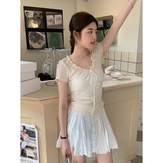 pleated lace-up tee top