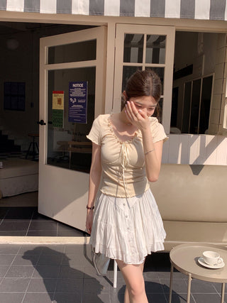 pleated lace-up tee top