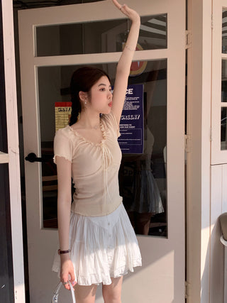 pleated lace-up tee top