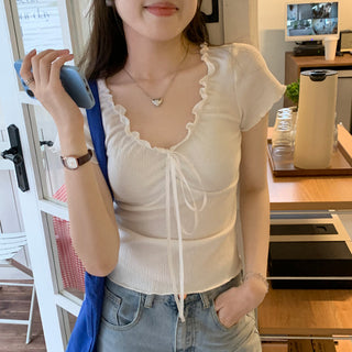 pleated lace-up tee top