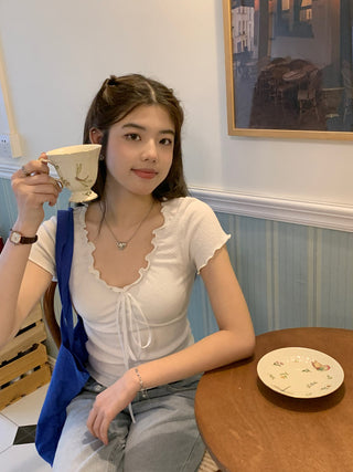 pleated lace-up tee top