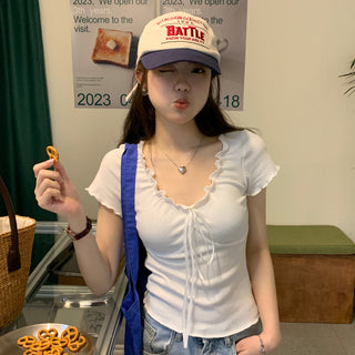 pleated lace-up tee top