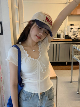 pleated lace-up tee top