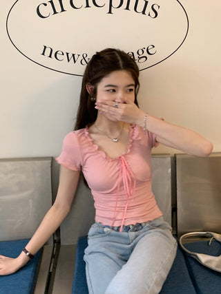 pleated lace-up tee top