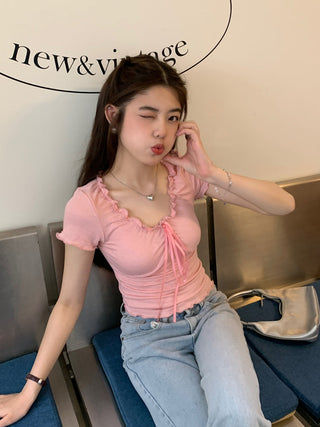 pleated lace-up tee top