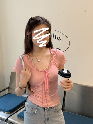 pleated lace-up tee top