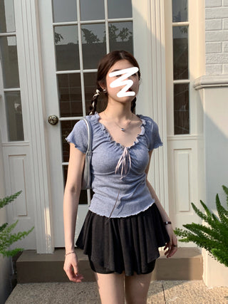 pleated lace-up tee top