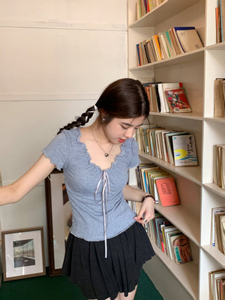 pleated lace-up tee top