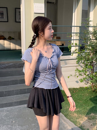 pleated lace-up tee top