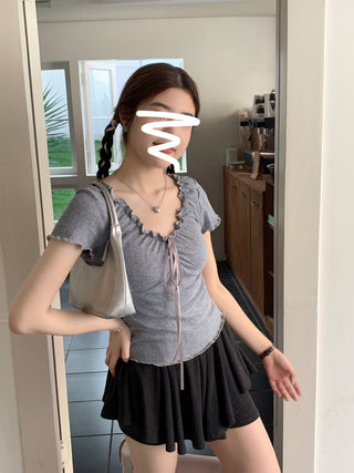 pleated lace-up tee top