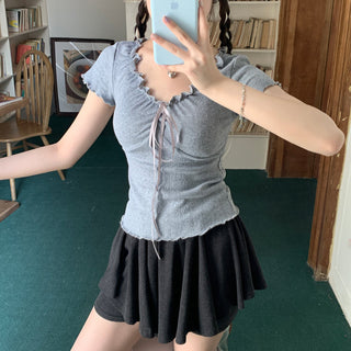 pleated lace-up tee top