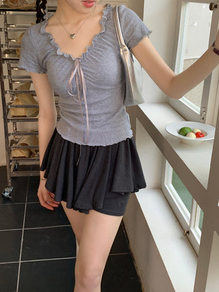 pleated lace-up tee top