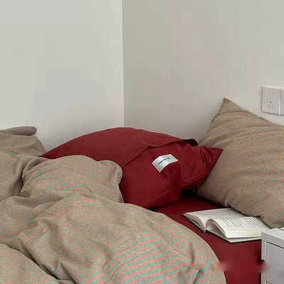 Red and Beige Striped Cotton Bedding Set