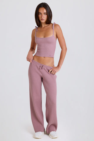 Ribbed Knit Wide-Leg Joggers in Mauve
