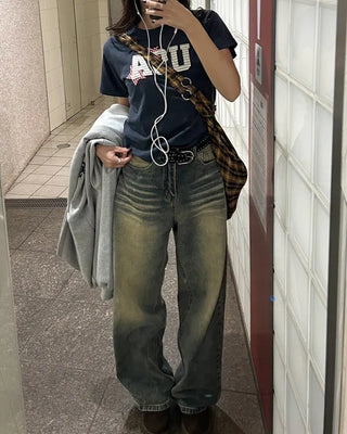 Vintage Whisker Washed Straight Denim Pants
