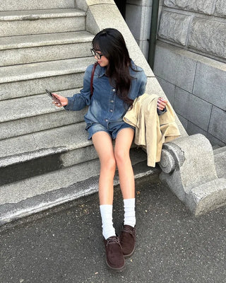 Loose denim shirt and shorts set