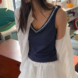 Frill Lace Deep V-Neck Sleeveless Spandex T-Shirt