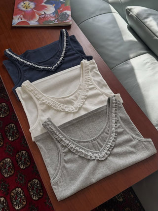 Frill Lace Deep V-Neck Sleeveless Spandex T-Shirt