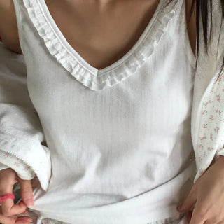 Frill Lace Deep V-Neck Sleeveless Spandex T-Shirt