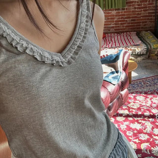 Frill Lace Deep V-Neck Sleeveless Spandex T-Shirt