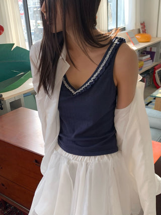 Frill Lace Deep V-Neck Sleeveless Spandex T-Shirt