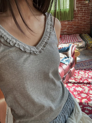 Frill Lace Deep V-Neck Sleeveless Spandex T-Shirt