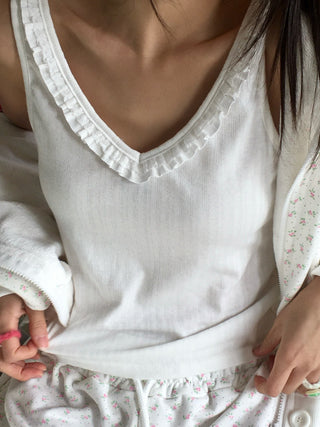 Frill Lace Deep V-Neck Sleeveless Spandex T-Shirt