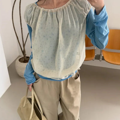 Floral See-through Layered Short Sleeve Blouse, Sheer Layered Chiffon Shirred Short Sleeve
