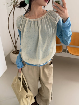 Floral See-through Layered Short Sleeve Blouse, Sheer Layered Chiffon Shirred Short Sleeve