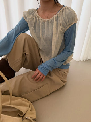 Floral See-through Layered Short Sleeve Blouse, Sheer Layered Chiffon Shirred Short Sleeve