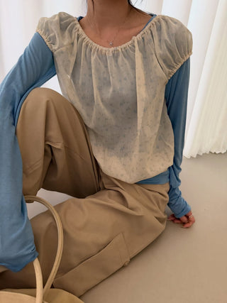 Floral See-through Layered Short Sleeve Blouse, Sheer Layered Chiffon Shirred Short Sleeve