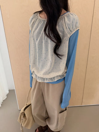 Floral See-through Layered Short Sleeve Blouse, Sheer Layered Chiffon Shirred Short Sleeve
