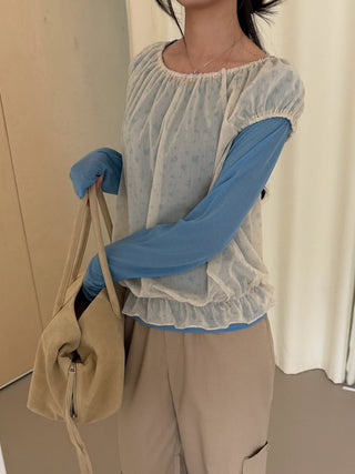 Floral See-through Layered Short Sleeve Blouse, Sheer Layered Chiffon Shirred Short Sleeve