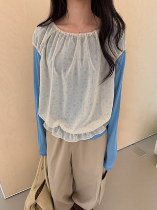 Floral See-through Layered Short Sleeve Blouse, Sheer Layered Chiffon Shirred Short Sleeve