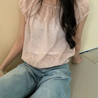 Floral See-through Layered Short Sleeve Blouse, Sheer Layered Chiffon Shirred Short Sleeve